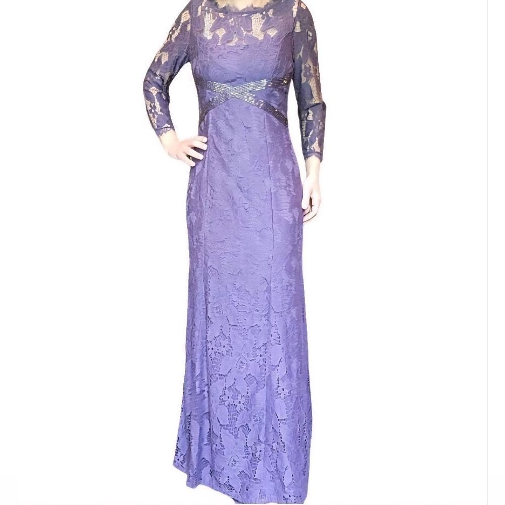 Adrianna Papell Floral Lace Illusion Mermaid Gown Beaded Violet Women's 8